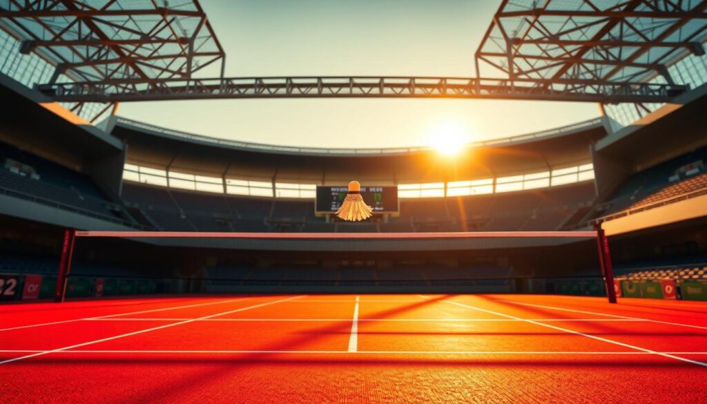 A badminton court set against a modern stadium backdrop, with a scoreboard and seating areas visible in the distance. The court is illuminated by warm, natural lighting, casting long shadows and creating a sense of depth and drama. The net is taut, and the shuttlecock appears to be mid-flight, capturing the dynamic action of the sport. The atmosphere is one of anticipation and excitement, as if a high-stakes match is about to commence. The scene is rendered in a realistic, photographic style, with attention to detail in the textures of the court surface, the players' equipment, and the architectural elements of the stadium.
