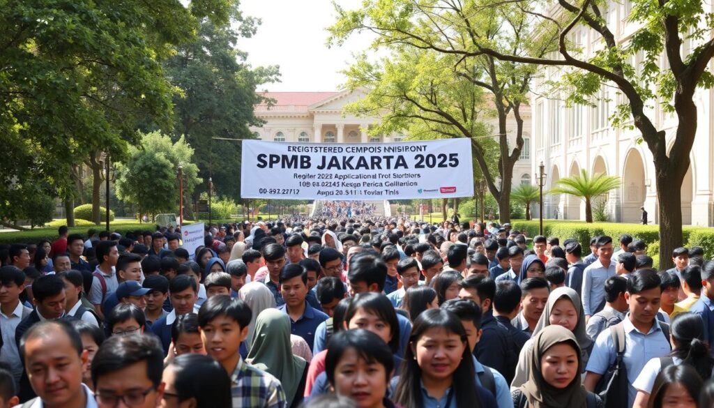 A bustling campus entrance on a sunny day, with a long line of prospective students and their families waiting to register for the final SPMB Jakarta 2025 application period. The foreground is dominated by a crowd of people, their faces filled with a mix of anticipation and determination. In the middle ground, a banner hangs prominently, displaying the event details in bold lettering. The background features the iconic architecture of the university, its stately buildings and lush greenery creating a picturesque backdrop. The lighting is natural and bright, casting a warm glow over the scene. The overall mood is one of excitement and opportunity, as the last chance for this year's SPMB applications draws to a close.
