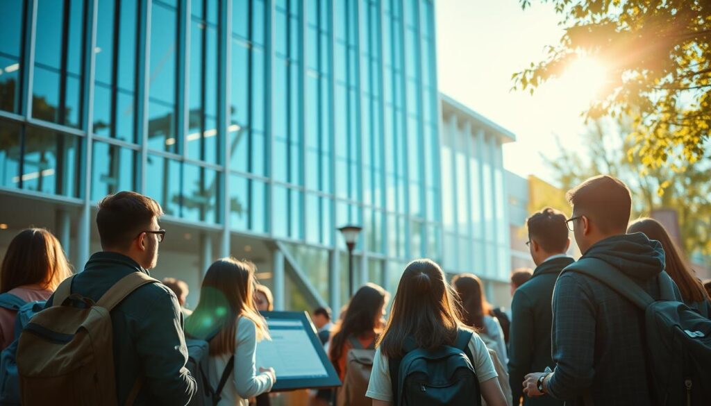 A bustling campus scene with a modern administrative building in the background, its facade adorned with sleek glass and steel. In the foreground, a group of prospective students gathered around a digital kiosk, intently navigating the intuitive online registration interface. The lighting is bright and welcoming, creating a sense of anticipation and opportunity. The angle captures the interaction between the students and the technology, showcasing the seamless and efficient nature of the online registration process. The overall atmosphere conveys a sense of organization, accessibility, and a commitment to providing a smooth and streamlined experience for those seeking to embark on their academic journeys.