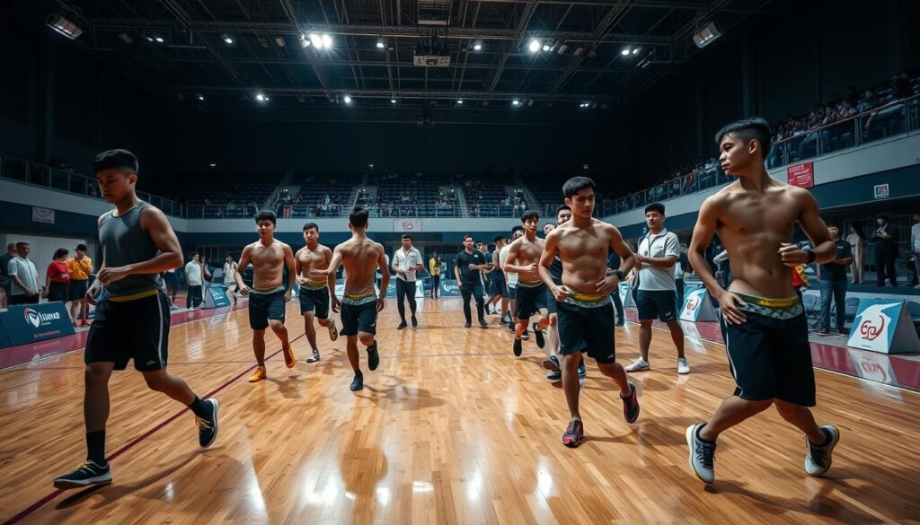 A bustling indoor sports arena, spotlights beaming down on a group of talented athletes undergoing a rigorous selection process for the upcoming SEA Games. In the foreground, muscular frames stride across a gleaming hardwood floor, determination etched on their faces as they navigate a series of challenging drills and exercises. In the middle ground, coaches with clipboards observe intently, scrutinizing every movement, evaluating the potential of these young hopefuls. The background is a blur of activity, with support staff, medical personnel, and spectators adding to the electric atmosphere. Crisp, high-contrast lighting casts dramatic shadows, creating a sense of intensity and anticipation as the next generation of Southeast Asian sports stars are discovered.
