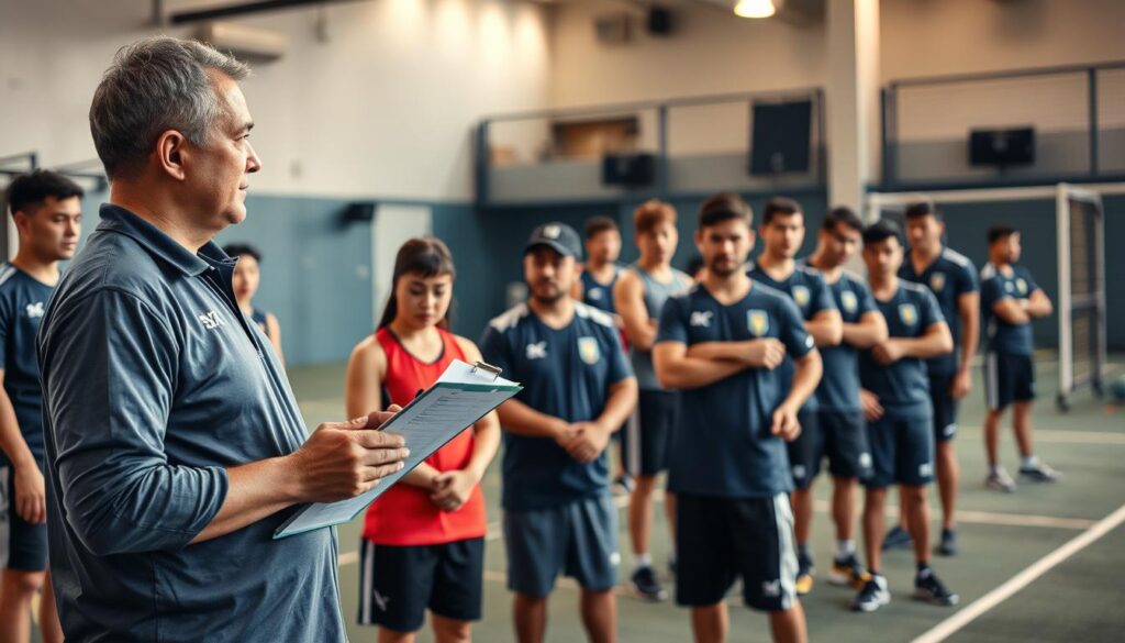 A bustling sports training facility, with a team of dedicated coaches and staff supporting a group of determined Sea Games athletes. In the foreground, the head coach stands with a clipboard, overseeing the athletes' drills and exercises. The middle ground features the team members, each focused on their specific roles - athletic trainers, nutritionists, and physiotherapists, all working in harmony to ensure the athletes' optimal performance. The background showcases the state-of-the-art equipment and facilities, creating an atmosphere of professionalism and discipline. The lighting is warm and natural, casting a soft glow on the scene, conveying a sense of camaraderie and teamwork as they prepare for the upcoming Sea Games competition.