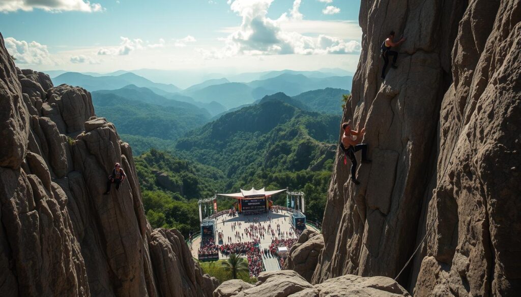A captivating scene of the International Rock Climbing Event unfolds amidst a breathtaking natural backdrop. In the foreground, elite climbers gracefully ascend towering rock formations, their powerful movements and determined expressions captured in dramatic lighting. The middle ground reveals a bustling event venue, with spectators cheering and officials overseeing the competition. In the distance, lush forests and rugged mountains create a picturesque landscape, heightening the sense of adventure and challenge. The overall atmosphere conveys the thrill and intensity of this prestigious international climbing event, inviting viewers to experience the spirit of ASEAN Climbing 2025.
