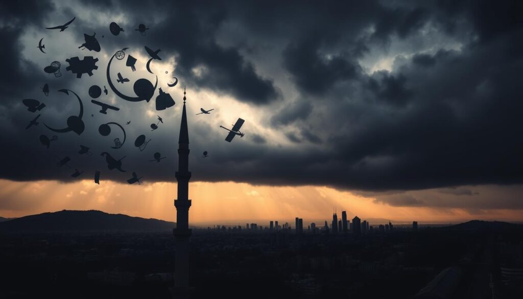 A dark, ominous sky looms over a scene of modern challenges facing the Islamic faith. In the foreground, a towering silhouette of a minaret stands resolute, symbolizing the enduring presence of Islam. Swirling around it are ominous symbols - clashing ideologies, extremism, and cultural divides - casting shadows upon the landscape. The middle ground features a bustling cityscape, where skyscrapers and satellite dishes intermingle, reflecting the rapid technological and societal changes testing the traditional teachings. In the distance, a horizon of uncertainty, with glimmers of hope and resilience amidst the storm. Dramatic chiaroscuro lighting casts dramatic contrasts, heightening the sense of the weighty "tantangan" or challenges that Islam must navigate in the contemporary world.