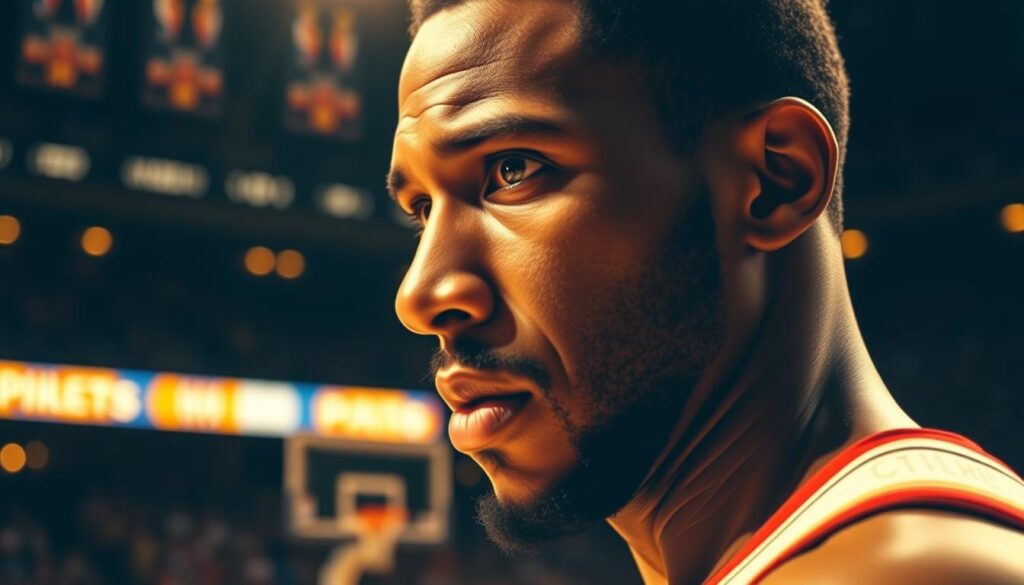 A dramatic, cinematic portrait of Chris Paul's illustrious NBA career, bathed in warm, golden light. In the foreground, a close-up of Paul's determined expression, his face etched with focus and intensity. Behind him, a blurred background of an NBA arena, the court and spectators fading into the distance, conveying the sense of a pivotal moment in a game. Meticulously rendered details, from the texture of Paul's jersey to the subtle highlights on his skin, create a sense of realism and immediacy. The overall mood is one of triumph, hard-earned success, and the sheer passion that has driven Paul's journey to the top of the league.