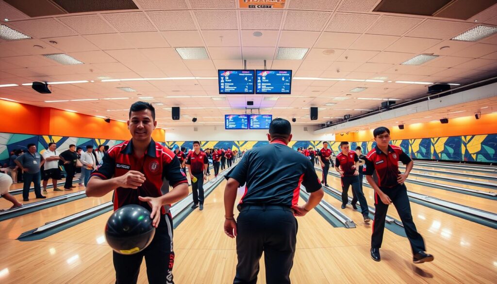 A dynamic bowling competition unfolds in a well-lit, modern bowling alley. The foreground features a group of professional bowlers in uniform, poised to roll their balls down the pristine lanes. In the middle ground, spectators watch intently, their faces filled with anticipation. The background showcases a scoreboard displaying the scores, creating a sense of high-stakes competition. The lighting is bright and even, highlighting the vibrant colors of the bowlers' uniforms and the polished surfaces of the alley. The camera angle is slightly elevated, providing a panoramic view of the scene, capturing the energy and excitement of the Atlet Boling Kompetisi.
