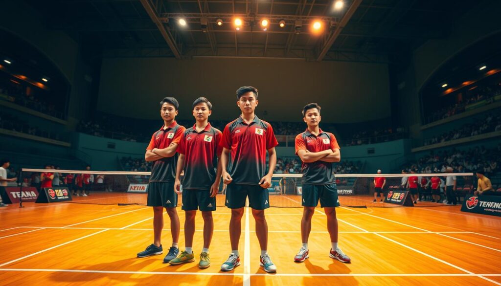 A group of Indonesian badminton players, known as "wakil indonesia", standing confidently on a badminton court. The foreground features three players wearing brightly colored uniforms, their expressions focused and determined. The middle ground showcases the court's intricate lines and patterns, creating a sense of depth and perspective. In the background, a dimly lit stadium with spectators cheers on the players, adding to the atmosphere of a high-stakes tournament. The lighting is warm and natural, casting a golden glow on the scene. The overall composition conveys the pride and skill of the Indonesian badminton team as they prepare to compete in the prestigious Japan Open 2025 tournament.