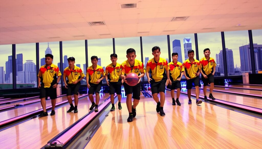 A group of skilled Jakarta bowlers, clad in their team uniforms, stand poised on the polished lanes. Fluorescent lights cast a vibrant glow, highlighting the concentration on their faces as they prepare to deliver the ball. In the background, a backdrop of Jakarta's iconic cityscape provides a dynamic setting, with skyscrapers and landmarks visible through the large windows. The bowlers' movements are captured in a mid-action pose, their bodies in perfect alignment as they release the ball, showcasing their impressive technique and athleticism. The overall scene exudes a sense of energy, determination, and the pride of representing the DKI Jakarta region in the prestigious Governor's Cup Bowling Championship.