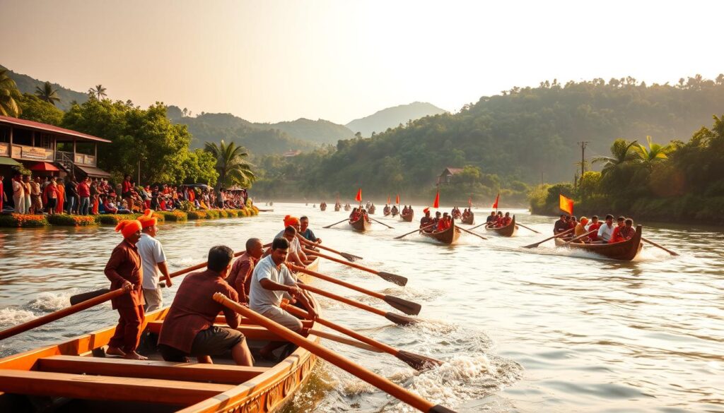 A lively scene of the traditional pacu jalur boat race, captured in a vibrant and dynamic composition. In the foreground, sleek wooden boats with intricately carved prows race across a tranquil river, their oarsmen propelling them forward with swift, synchronized strokes. The middle ground features spectators lining the riverbanks, their colorful traditional attire adding to the festive atmosphere. In the background, verdant hills and lush foliage create a serene natural backdrop, complementing the energetic action on the water. The scene is illuminated by warm, golden sunlight, casting a soft, inviting glow over the entire tableau. The overall impression is one of cultural heritage, community celebration, and the harmonious integration of human activity within a picturesque natural environment.