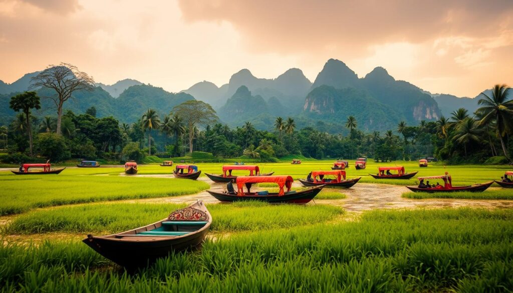 A lush, verdant landscape with a vibrant, intricate tapestry of traditional Indonesian "pacu jalur" boats gently floating on a serene river. The boats, adorned with ornate carvings and vibrant colors, glide through the tranquil waters, reflecting the rich cultural heritage and peaceful coexistence of the local community. In the background, a backdrop of towering, verdant mountains and a warm, golden-hued sky create a sense of timelessness and harmony. The scene is bathed in soft, diffused lighting, casting a dreamy, atmospheric ambiance that captures the essence of the "Eksistensi Aura Farming dalam Tradisi Indonesia".