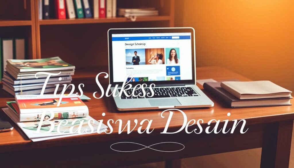 A serene academic setting, with a wooden desk showcasing colorful scholarship brochures and a laptop displaying a design-focused scholarship website. Elegant calligraphy-inspired typography overlays the scene, highlighting "Tips Sukses Beasiswa Desain". Warm, natural lighting casts a soft glow, conveying an atmosphere of inspiration and opportunity. The composition balances informative elements with a visually appealing, minimalist aesthetic to capture the essence of design-oriented academic success.