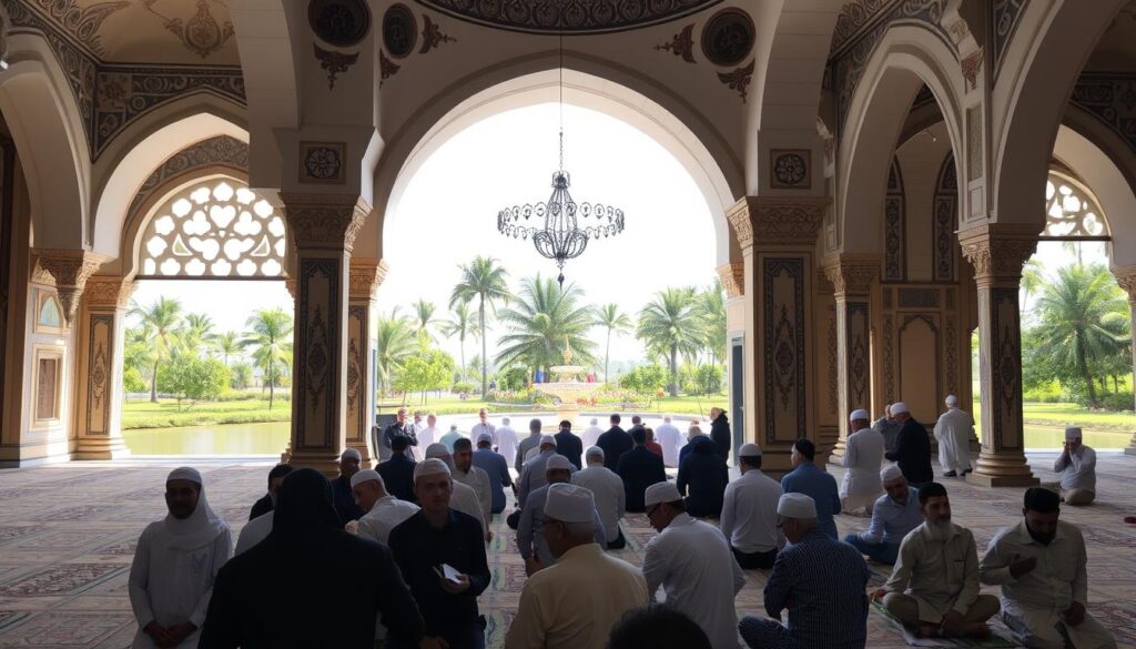A serene mosque interior with intricate Islamic architectural elements, such as domed ceilings, ornate columns, and geometric patterns. In the foreground, a group of Muslims engaged in social activities, such as conversing, sharing a meal, or studying religious texts together. The middle ground features worshippers performing their daily prayers, their expressions conveying a sense of devotion and community. The background depicts a tranquil outdoor scene, with lush greenery and a calming water feature, symbolizing the harmony between religious practice and social interaction in the Islamic faith.