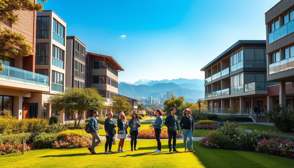 A serene university campus in a foreign country, with a mix of modern and traditional architecture. In the foreground, a group of students dressed in smart, creative attire stand discussing their design projects. The middle ground features a lush, manicured garden with colorful flowers and shaded pathways, hinting at the international and multi-cultural environment. In the background, a stunning mountain range or cityscape provides a breathtaking backdrop, conveying a sense of endless possibilities for educational and professional growth. The scene is bathed in warm, golden sunlight, creating a welcoming and inspirational atmosphere.
