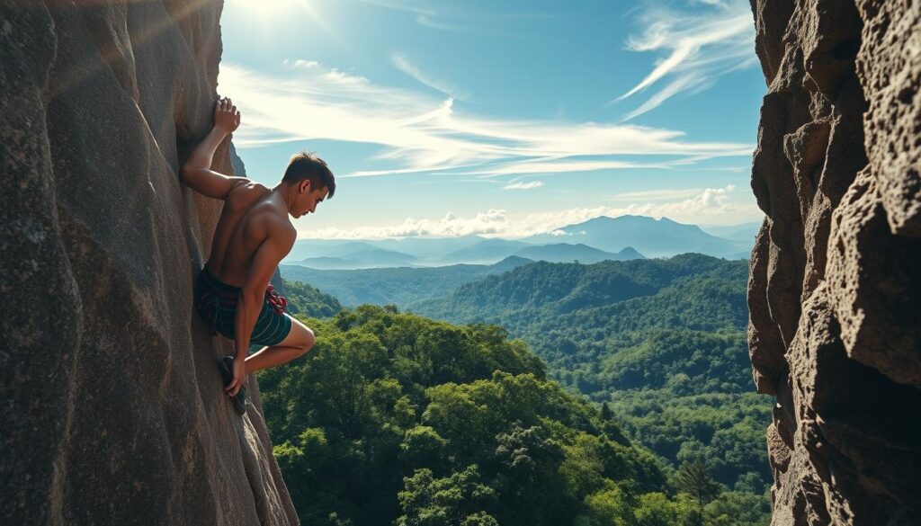 A skilled rock climber, muscles taut, intently scales a rugged cliff face. Sunlight filters through wispy clouds, casting dramatic shadows that highlight the climber's powerful form. In the middle ground, a verdant forest canopy provides a lush, natural backdrop, while the distant horizon showcases a majestic mountain range. The climber's focus is unwavering, their determination and dedication evident in every movement, embodying the spirit of perseverance and the pursuit of athletic excellence. This image captures the inspirational journey of an ASEAN climbing athlete, their story a testament to the transformative power of passion and hard work.