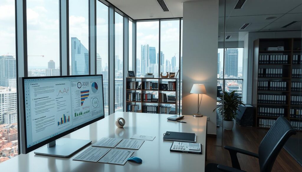 A sleek, modern office interior with floor-to-ceiling windows overlooking a bustling cityscape. In the foreground, a large desk with a high-resolution computer monitor displays complex legal documents and analytical software interfaces. A well-lit workstation, with a stylish desk lamp and carefully arranged office supplies, conveys a sense of focused productivity. In the middle ground, a bookshelf houses a collection of legal tomes and technological reference materials. The background features a panoramic view of the city, with skyscrapers and infrastructure symbolizing the integration of technology and the legal domain. The overall scene evokes a harmonious fusion of analytical precision and technological innovation, setting the stage for the "Kontribusi Teknologi dalam Analisis Pasal" narrative.