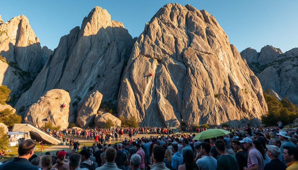 A sprawling international bouldering competition nestled amidst a rugged mountainous landscape. Towering granite walls, their jagged edges bathed in warm afternoon sunlight, provide the backdrop for a troupe of elite climbers scaling the challenging routes. Chalk-dusted hands grip onto precarious holds as they navigate the technical sequences, muscles straining with each powerful move. Spectators line the perimeter, eyes trained on the athletes as they push the boundaries of human performance. The atmosphere crackles with a palpable energy, a shared sense of anticipation and awe at the world-class feats unfolding before them. This is the stage for the ultimate test of an international climber's skill and preparedness.