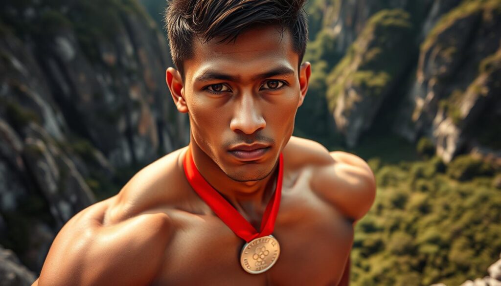 A stunning portrait of Kiromal Katibin, the silver medalist Indonesian rock climber, set against a backdrop of dramatic cliffs and lush foliage. The athlete's muscular physique is highlighted by warm, natural lighting, capturing the intensity and focus etched on his determined expression. The camera angle is slightly elevated, emphasizing his powerful stance and the medal draped around his neck, symbolizing his impressive achievement. The scene exudes a sense of triumph and national pride, reflecting the glory of Indonesia's rising stars in the world of competitive rock climbing.