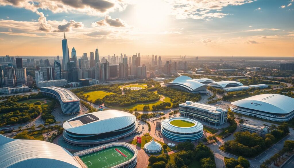 A sweeping aerial view of a bustling metropolitan city, the skyline dotted with towering skyscrapers and modern architectural marvels. In the foreground, a sprawling complex of state-of-the-art sports facilities, their sleek designs and vibrant colors standing in contrast to the urban landscape. In the distance, a lush, verdant park provides a serene counterpoint, its winding paths and verdant greenery inviting athletes and spectators alike to explore. The scene is bathed in warm, golden sunlight, lending an air of vibrancy and energy to the entire setting. A sense of anticipation and excitement permeates the environment, as the city prepares to host the prestigious World Police and Fire Games 2025.