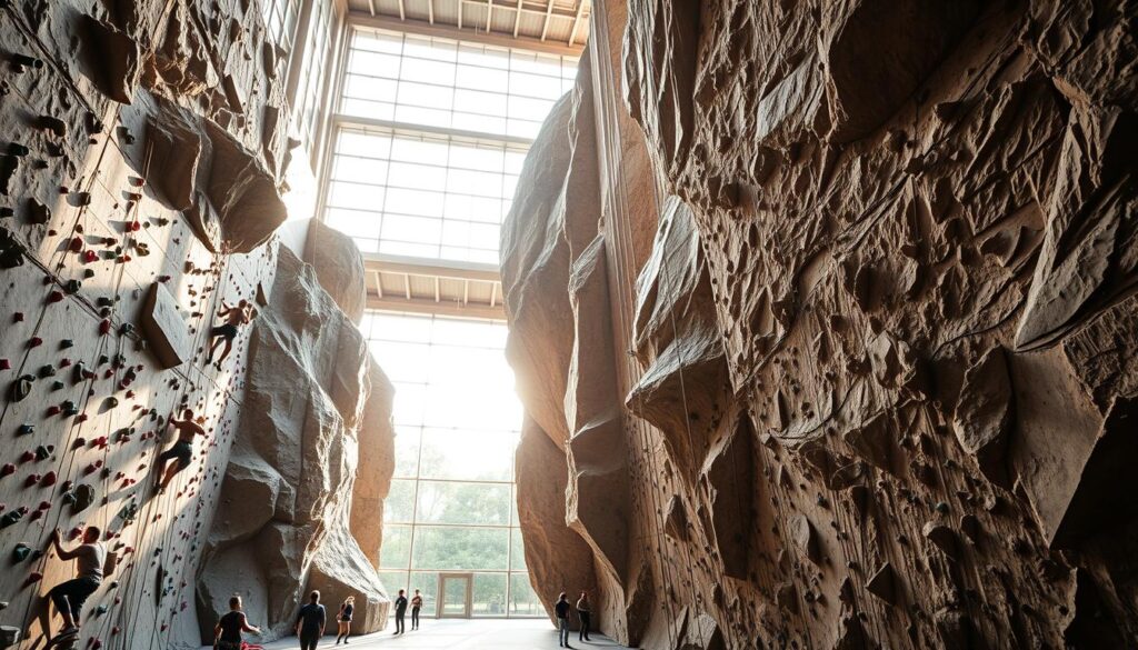 A sweeping rock climbing gym, bathed in warm natural light filtering through towering windows. Diverse walls and boulders of varying difficulty, their textured surfaces inviting skilled climbers to test their mettle. Climbers in harnesses scale the challenges, their movements fluid and precise as they conquer each route. Spotters and coaches provide guidance, ensuring safety and technique refinement. The atmosphere is one of focus, determination, and the thrill of physical mastery - a microcosm of the intense training regimen for the upcoming SEA Games competition.