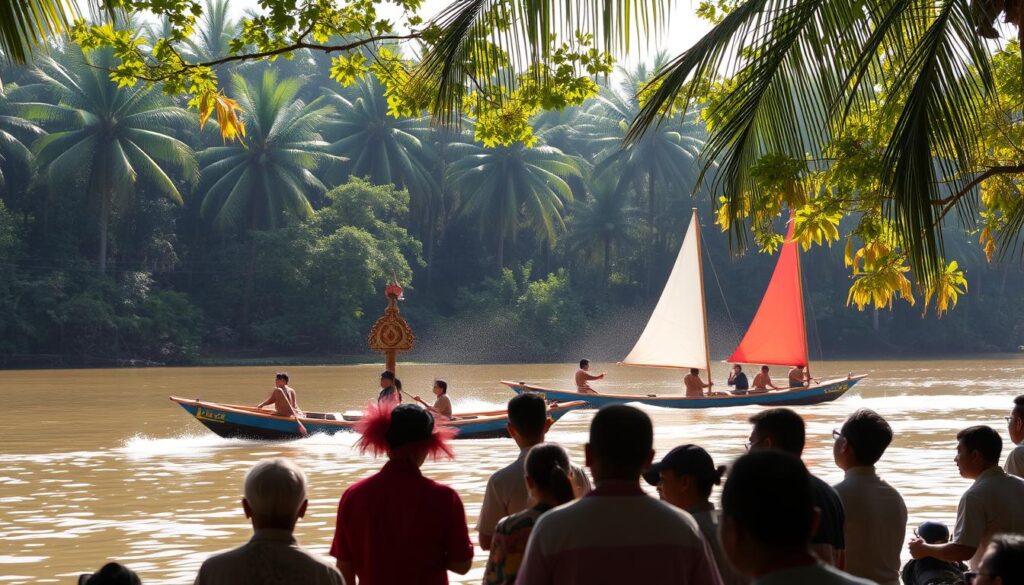 A traditional Pacu Jalur boat race, set against the lush, verdant backdrop of a Riau riverbank. The sleek, elongated vessels glide through the calm waters, their colorful, intricately-carved prows and sails billowing in the gentle breeze. In the foreground, a group of local spectators watch intently, their traditional attire and expressions conveying the cultural significance of this age-old event. Dappled sunlight filters through the surrounding palm trees, casting a warm, golden glow over the entire scene. The overall atmosphere evokes a sense of timeless tradition, cultural heritage, and the enduring connection between the people of Riau and their cherished waterways.