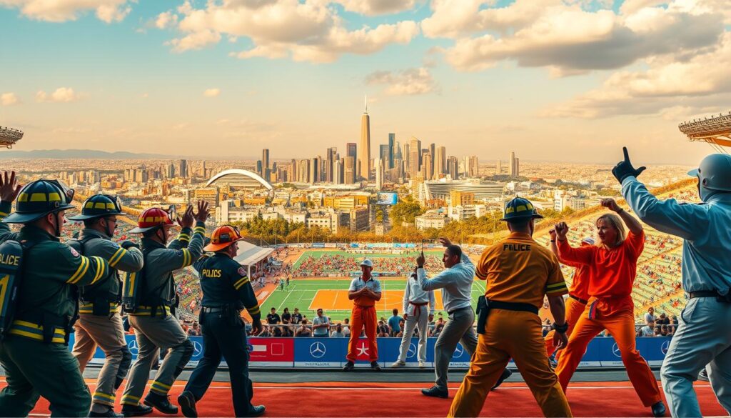 A vibrant and dynamic image showcasing the diverse range of sports contested at the World Police and Fire Games. In the foreground, a group of athletes, donning their respective uniforms, engage in a variety of sporting activities, from firefighting drills to martial arts demonstrations. The middle ground features a well-equipped sports arena, with spectators cheering from the stands. In the background, a panoramic view of the host city, its skyline and iconic landmarks, setting the stage for this international sporting event. The scene is bathed in warm, golden lighting, capturing the spirit of camaraderie and competitive spirit that defines the World Police and Fire Games.
