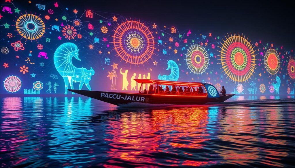 A vibrant digital transformation of the iconic Pacu Jalur boat race, showcasing the fusion of ancient Riau cultural traditions and modern technological innovation. In the foreground, a sleek, futuristic Pacu Jalur boat glides across a shimmering digital landscape, its hull adorned with intricate, luminescent patterns. The middle ground features a mesmerizing display of holographic projections, depicting the dynamic movements and rhythms of traditional Riau dance performances. In the background, a kaleidoscope of vivid, neon-hued holograms and data visualizations creates a captivating, immersive atmosphere, evoking the digital age's boundless possibilities. Dramatic cinematic lighting and a cinematic camera angle heighten the sense of awe and wonder, showcasing the seamless integration of Riau's cultural heritage and the digital realm.