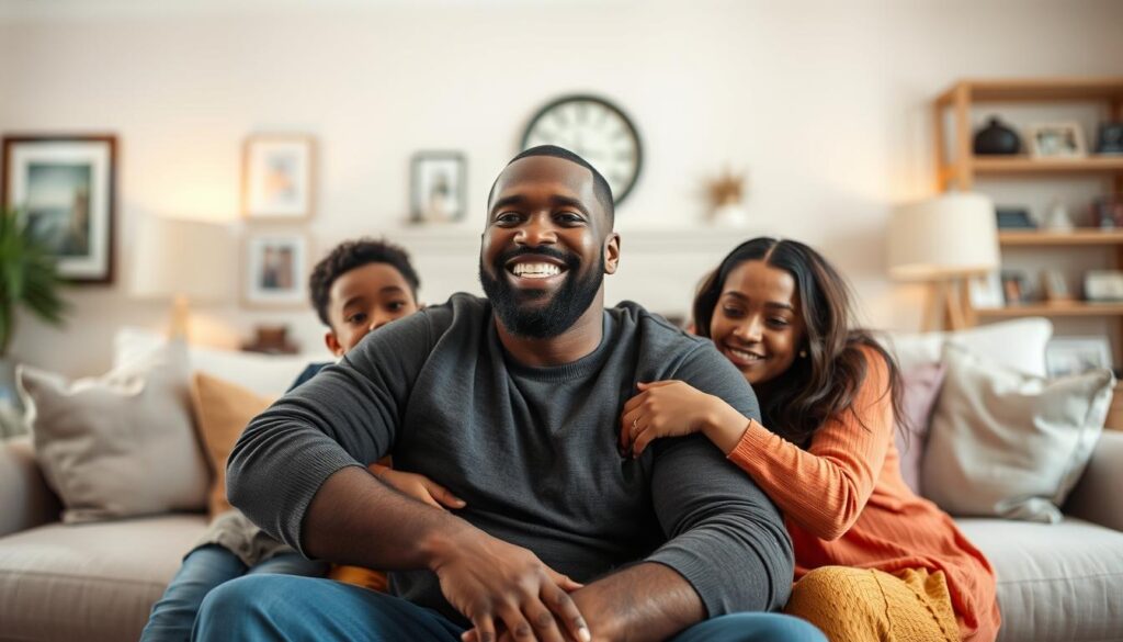 A warm, heartfelt family portrait of Chris Paul surrounded by his loved ones. In the foreground, Paul is seated, smiling affectionately as he embraces his wife and children. They are dressed casually, radiating a sense of comfort and togetherness. The middle ground features a cozy, well-appointed living room, with plush furniture and personal mementos hinting at the family's close-knit dynamic. The background is softly blurred, placing the focus on the intimate family moment. Soft, natural lighting bathes the scene, creating a serene, inviting atmosphere that reflects the importance of family in Chris Paul's life and decision to retire from the NBA.