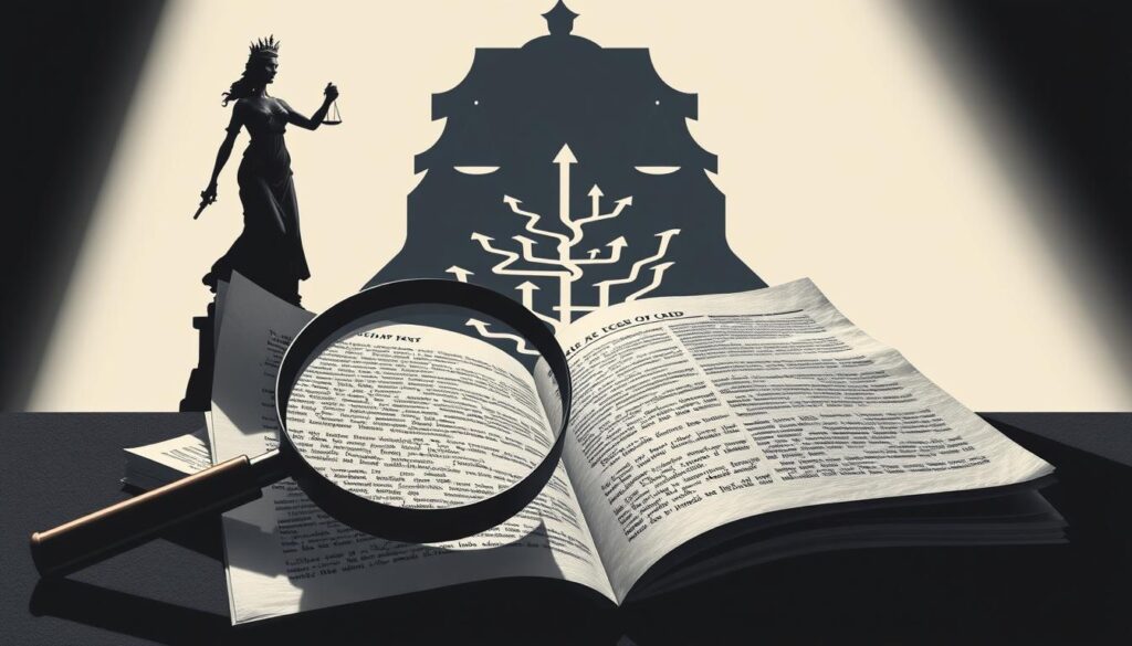 An elegant, high-contrast illustration showcasing the common pitfalls of legal analysis. In the foreground, a magnifying glass examines a tattered legal document, its pages filled with dense text and complex jargon. The middle ground features a maze-like tangle of arrows, leading to a jumble of contradictory conclusions. In the background, a looming silhouette of Lady Justice, her scales askew, symbolizing the consequences of flawed interpretation. Lighting is dramatic, with sharp shadows and highlights emphasizing the gravity of the subject. The overall mood is one of thoughtful contemplation, urging the viewer to approach legal analysis with rigor and nuance.