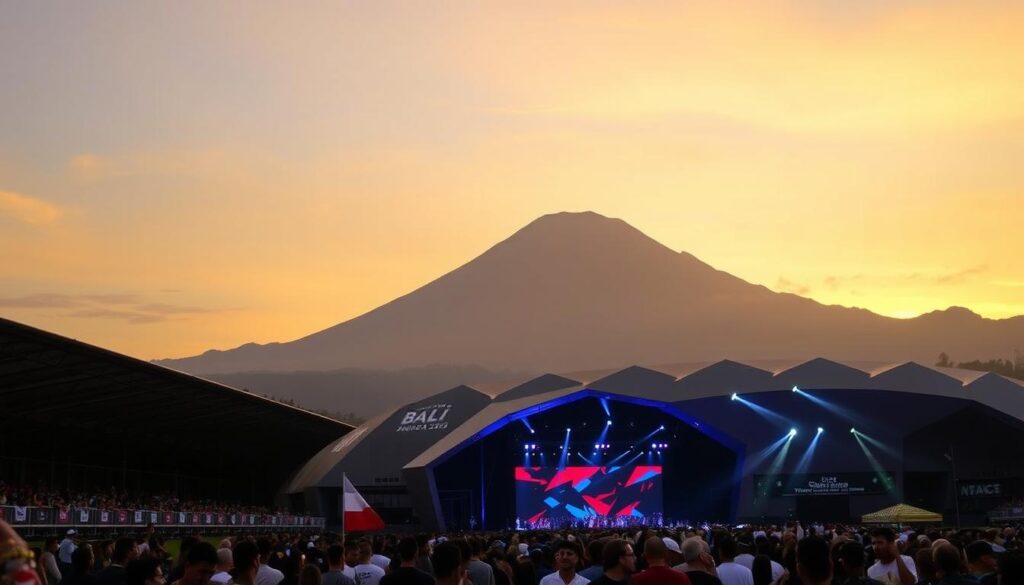 Bali, 2025 - a historic moment as the premier world climbing event unfolds. Majestic Mt. Agung looms in the background, its peaks bathed in golden sunset light. In the foreground, a modern sports arena stands tall, its angular facade reflecting the glow of spotlights illuminating the stage. Athletes from around the globe gather, their faces alight with anticipation, ready to showcase their incredible feats of strength and skill. The atmosphere is electric, a fusion of tradition and innovation, as Bali proudly hosts this prestigious international competition.