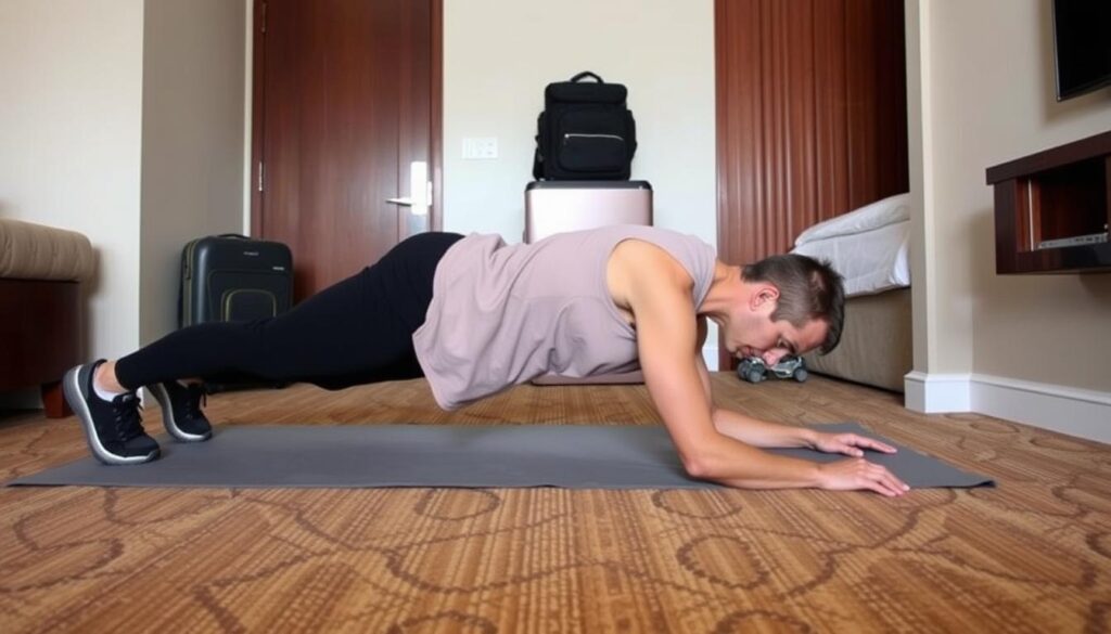 Demonstrasi gerakan plank sebagai latihan ringan saat traveling di kamar hotel