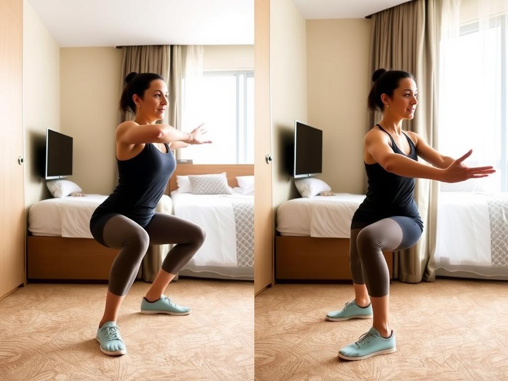Demonstrasi gerakan squat sebagai latihan ringan saat traveling yang bisa dilakukan di kamar hotel