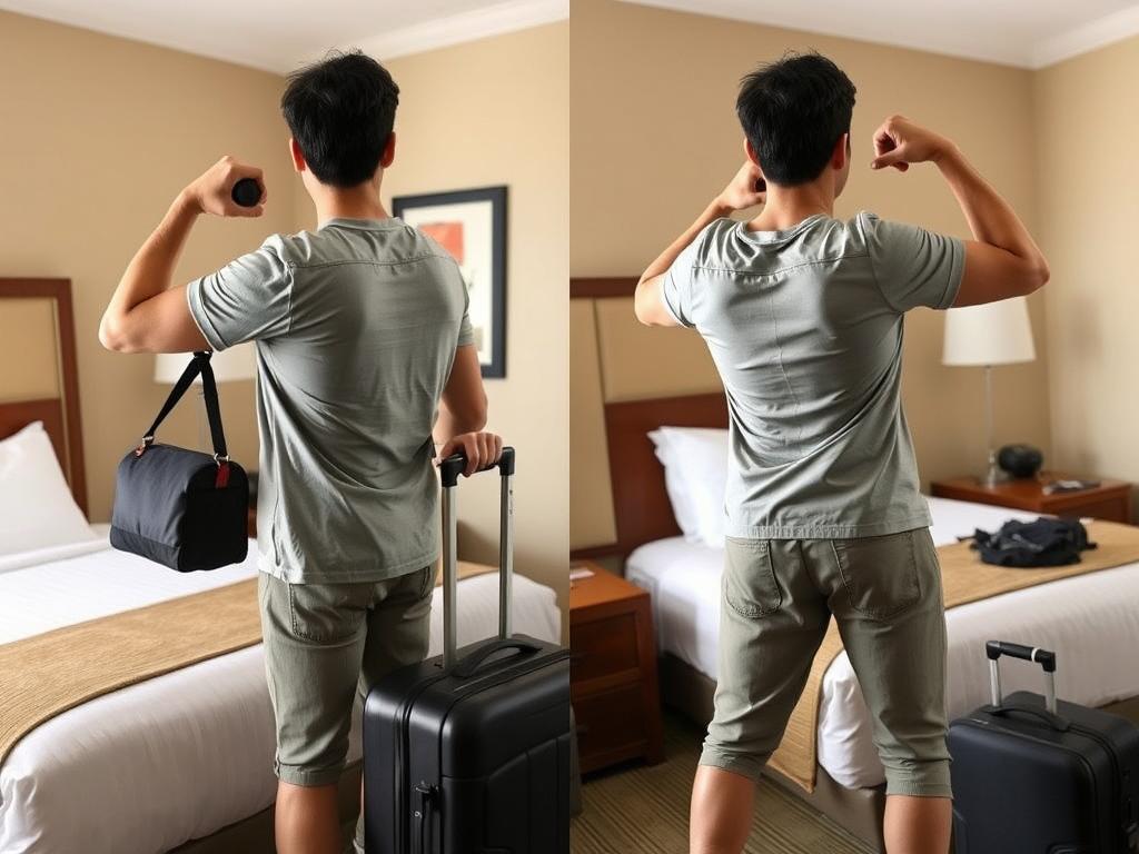 Menggunakan tas koper sebagai alat bantu latihan ringan saat traveling
