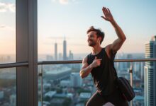 Seorang traveler melakukan latihan ringan saat traveling di balkon hotel dengan pemandangan kota
