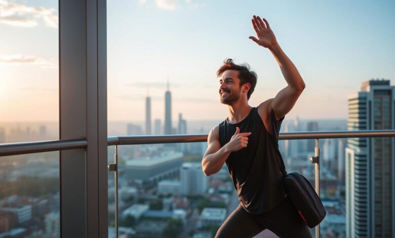 Seorang traveler melakukan latihan ringan saat traveling di balkon hotel dengan pemandangan kota