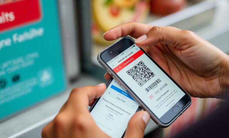 Seseorang sedang memverifikasi kode QRIS di smartphone sebelum melakukan pembayaran