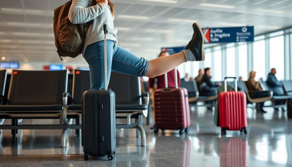 Traveler melakukan latihan ringan saat traveling di area tunggu bandara