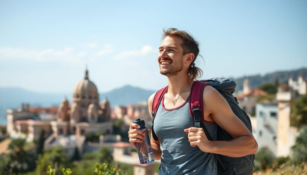 Traveler yang terlihat bugar dan energik menikmati perjalanan berkat latihan ringan saat traveling