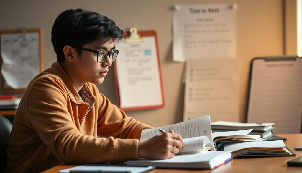 A college student sitting at a desk, intently studying their notes and textbooks. The lighting is soft and warm, creating a focused and productive atmosphere. In the background, a calendar and to-do list are visible, hinting at the student's time management strategies. The scene conveys a sense of organization, diligence, and a balanced approach to academic responsibilities. The student's expression is one of concentration and determination, reflecting their dedication to staying on top of their coursework and managing their time effectively.
