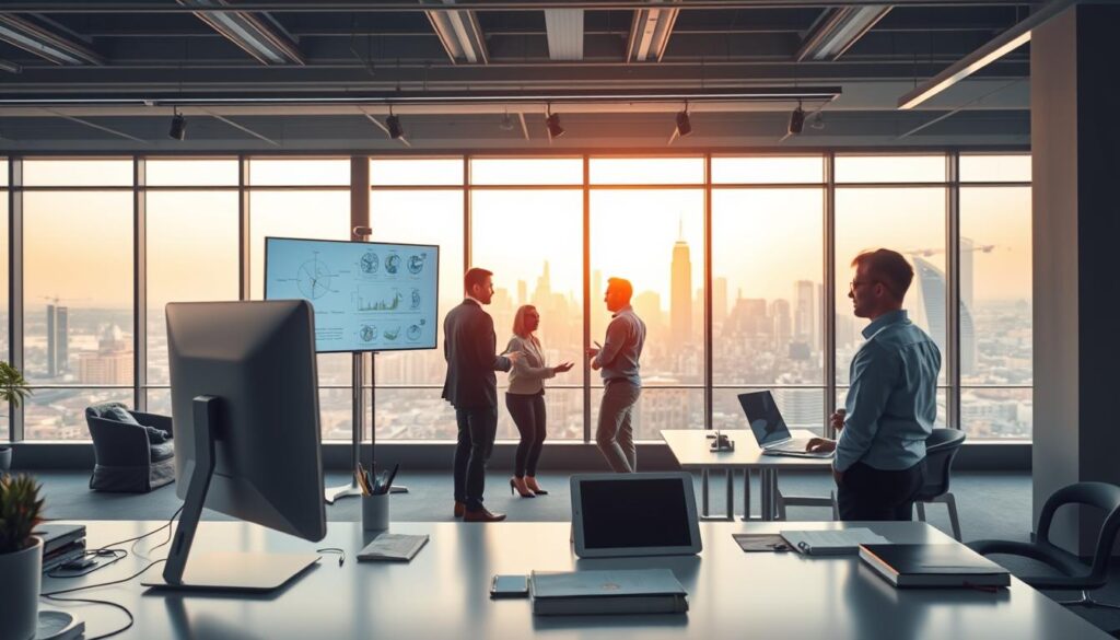A modern office interior with an IT consultant's workstation in the foreground. The desk features a sleek desktop computer, a tablet, and various office supplies. In the middle ground, a team of IT professionals collaborating on a project, discussing technical diagrams displayed on a large screen. The background showcases an expansive view of a city skyline through floor-to-ceiling windows, bathed in warm, natural lighting. The overall atmosphere conveys a sense of productivity, innovation, and the dynamic nature of an IT consultant's career path.