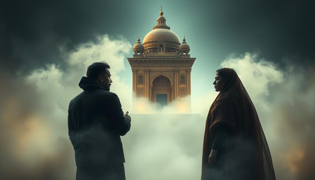 A mystical scene of a couple standing amidst a dreamlike, ethereal landscape. In the foreground, the couple appears to be in a heated discussion, their expressions conveying a sense of confusion and uncertainty. The middle ground features a swirling, otherworldly mist that obscures the details, creating an aura of ambiguity. In the background, a majestic, ancient temple stands, its intricate architecture hinting at the complexities of religious and legal traditions. Soft, warm lighting illuminates the scene, casting a tranquil, yet unsettling atmosphere. The overall composition evokes the myths and misconceptions surrounding the concept of "fasakh" within the context of marriage.