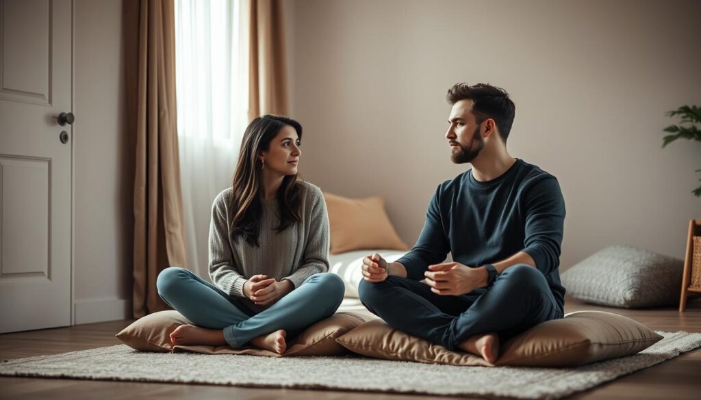 A serene mediation session in a dimly lit, cozy room. Two individuals, a man and a woman, sit cross-legged on plush cushions, their expressions thoughtful and introspective. Soft natural lighting filters in through a nearby window, casting a warm glow on their faces. The background is muted, with neutral tones and minimal clutter, allowing the focus to remain on the couple's interaction. An atmosphere of understanding and resolution permeates the scene, hinting at a peaceful resolution to their marital challenges.