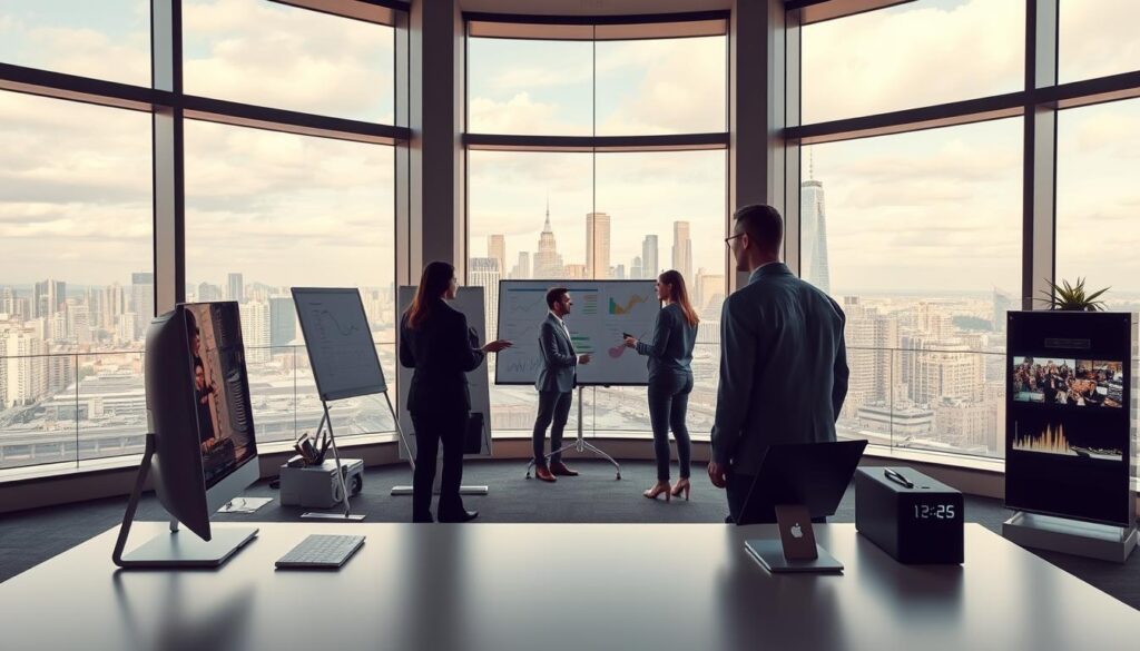 A sleek, modern office interior with a large desk in the foreground, a computer monitor, and various office supplies neatly arranged. The middle ground features a team of professionals in business attire collaborating on a project, surrounded by whiteboards and digital displays showcasing analytics and proposals. In the background, floor-to-ceiling windows offer a panoramic view of a bustling city skyline, bathed in warm, natural lighting. The overall atmosphere conveys a sense of productivity, innovation, and strategic decision-making, reflecting the core responsibilities of an IT consultant.