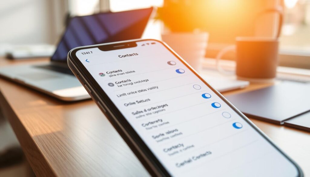 A close-up view of an iPhone displaying the iMessage settings screen, specifically focused on the section labeled "Contacts," showcasing options for limiting online status visibility. The layout should be clear and visually engaging, with an emphasis on the toggle switches and checkboxes relevant to setting contact-specific visibility options. The phone should be on a sleek wooden desk, with natural sunlight streaming through a nearby window, creating a warm and inviting atmosphere. The background should feature blurred elements of a modern office setup, such as a laptop and a potted plant, contributing to a professional environment. The overall mood should be one of calmness and privacy, reflecting the theme of controlling online presence.