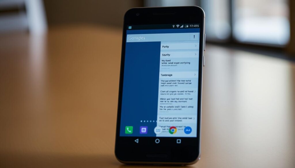 A detailed, optimized Android smartphone display, showcasing split-screen functionality in a crisp, realistic manner. The screen is divided into two equal panes, each running a distinct application seamlessly. The user interface is clean, intuitive, and responsive, with subtle animations highlighting the smooth multitasking experience. Warm, indirect lighting casts a gentle glow, creating a professional, productivity-focused atmosphere. The camera angle is slightly elevated, providing a balanced, centered composition that emphasizes the practical utility of the split-screen setup. The overall scene conveys a sense of efficiency, organization, and the ability to maximize workflow on a mobile device.