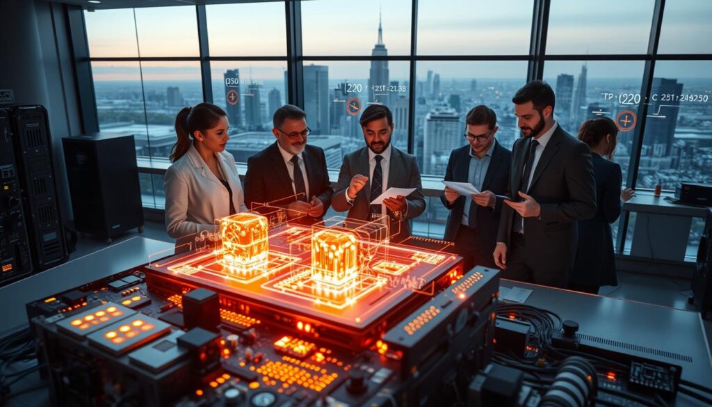 A futuristic laboratory set in a sleek, modern environment showcasing quantum computing technology. In the foreground, a highly detailed quantum computer with glowing circuits and intricate components is prominently displayed. In the middle, a group of diverse scientists in professional business attire enthusiastically collaborate over glowing holographic data projections, illustrating complex quantum algorithms and simulations. The background features large glass windows with a panoramic view of a city skyline, bathed in soft ambient lighting to create a high-tech atmosphere. The mood is one of innovation and inspiration, capturing the transformative potential of quantum computing. Use a wide-angle lens to emphasize the expansive space and intricate details of the technology. A futuristic laboratory set in a sleek, modern environment showcasing quantum computing technology. In the foreground, a highly detailed quantum computer with glowing circuits and intricate components is prominently displayed. In the middle, a group of diverse scientists in professional business attire enthusiastically collaborate over glowing holographic data projections, illustrating complex quantum algorithms and simulations. The background features large glass windows with a panoramic view of a city skyline, bathed in soft ambient lighting to create a high-tech atmosphere. The mood is one of innovation and inspiration, capturing the transformative potential of quantum computing. Use a wide-angle lens to emphasize the expansive space and intricate details of the technology.
