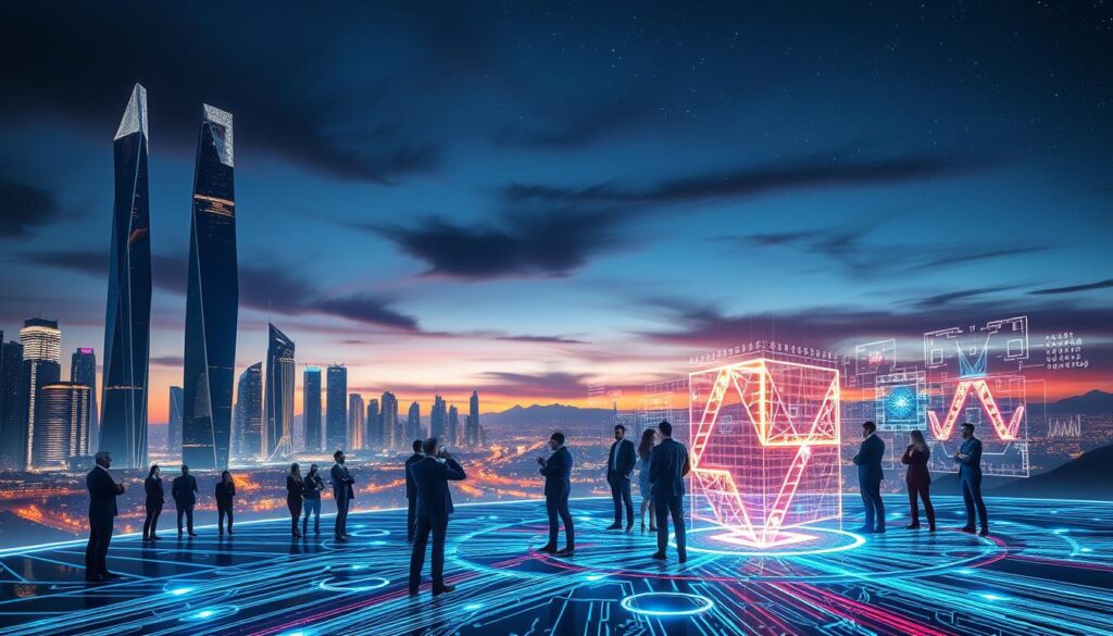 A futuristic landscape illustrating the potential of quantum computing, featuring a sleek city skyline with towering, crystalline structures that resemble quantum circuits. In the foreground, a diverse group of professionals in business attire is engaged in a dynamic discussion, analyzing holographic displays of quantum algorithms. The middle layer showcases illuminated quantum computers with glowing qubits in action, surrounded by vibrant data streams representing rapid processing of information. The background features a twilight sky with a blend of deep blues and purples, with stars and abstract patterns symbolizing the vast possibilities of the quantum realm. Use dramatic lighting that highlights the brilliance of the technology while casting soft shadows, creating an atmosphere of innovation and optimism about the future. A wide-angle perspective captures the expanse of this advanced world, emphasizing its importance in data processing evolution. A futuristic landscape illustrating the potential of quantum computing, featuring a sleek city skyline with towering, crystalline structures that resemble quantum circuits. In the foreground, a diverse group of professionals in business attire is engaged in a dynamic discussion, analyzing holographic displays of quantum algorithms. The middle layer showcases illuminated quantum computers with glowing qubits in action, surrounded by vibrant data streams representing rapid processing of information. The background features a twilight sky with a blend of deep blues and purples, with stars and abstract patterns symbolizing the vast possibilities of the quantum realm. Use dramatic lighting that highlights the brilliance of the technology while casting soft shadows, creating an atmosphere of innovation and optimism about the future. A wide-angle perspective captures the expanse of this advanced world, emphasizing its importance in data processing evolution.