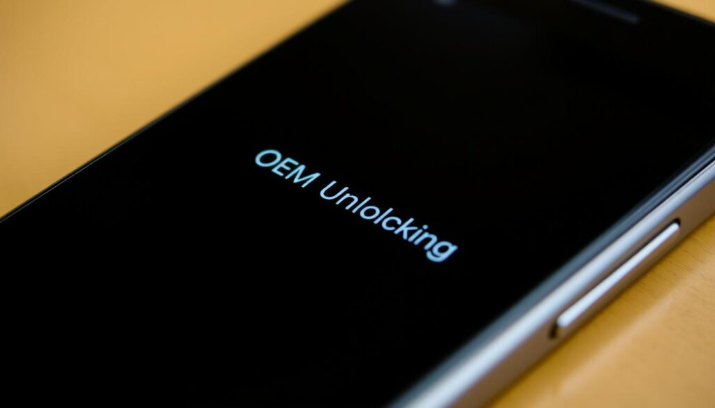 A sleek, close-up view of an Android smartphone screen, showcasing the "OEM Unlocking" toggle in its settings menu. The screen is illuminated with a soft, warm light, creating a sense of clarity and focus. The interface is clean and minimal, with just the necessary elements visible, allowing the viewer to clearly understand the context. The background is slightly blurred, keeping the emphasis on the phone's screen and the "OEM Unlocking" setting. The overall atmosphere conveys a sense of simplicity and ease of use, reflecting the safe and straightforward process of enabling this feature. A sleek, close-up view of an Android smartphone screen, showcasing the "OEM Unlocking" toggle in its settings menu. The screen is illuminated with a soft, warm light, creating a sense of clarity and focus. The interface is clean and minimal, with just the necessary elements visible, allowing the viewer to clearly understand the context. The background is slightly blurred, keeping the emphasis on the phone's screen and the "OEM Unlocking" setting. The overall atmosphere conveys a sense of simplicity and ease of use, reflecting the safe and straightforward process of enabling this feature.