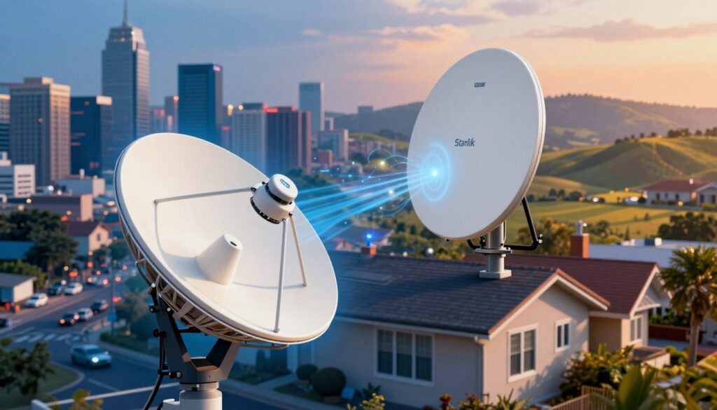 A detailed comparison of satellite internet technology, featuring Starlink on one side and Fixed Wireless Access (FWA) on the other. In the foreground, an illustrated satellite dish representing Starlink, with dynamic lines suggesting high speed and connectivity. In the middle ground, a sleek FWA antenna mounted on a suburban building, radiating signals. The background showcases a split landscape: a vibrant urban skyline with bustling activity on one side, and tranquil rural hills on the other. Utilize dramatic lighting to emphasize technology, with soft blues and warm orange hues to convey a sense of innovation. Capture the essence of modern connectivity and technological advancement from a slightly elevated angle for depth. Ensure the scene has a professional atmosphere, free from any distractions or text elements.
