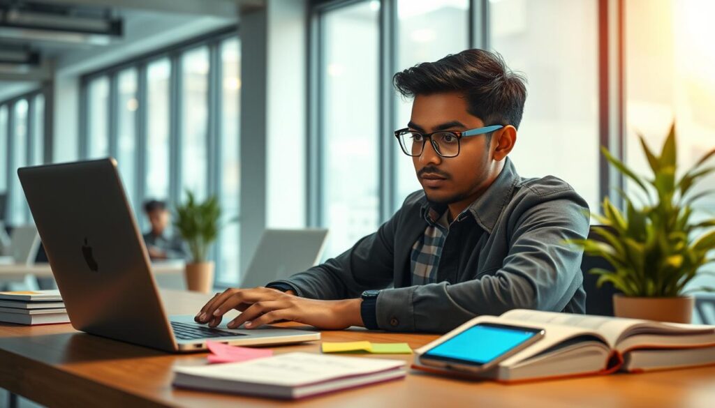 A focused Android developer seated at a modern desk, working intently on a laptop, surrounded by coding books and a sleek smartphone displaying an app prototype. In the foreground, show the developer, a South Asian male in smart casual attire, with glasses that reflect the screen’s glow. In the middle ground, include a vibrant plant and colorful sticky notes with code snippets. The background reveals a bright, tech-inspired office with large windows letting in natural light, emphasizing a productive atmosphere. The scene captures a mood of innovation and creativity, highlighting the essential elements of future app development, with a soft focus on the overall environment to keep the subject in sharp attention.