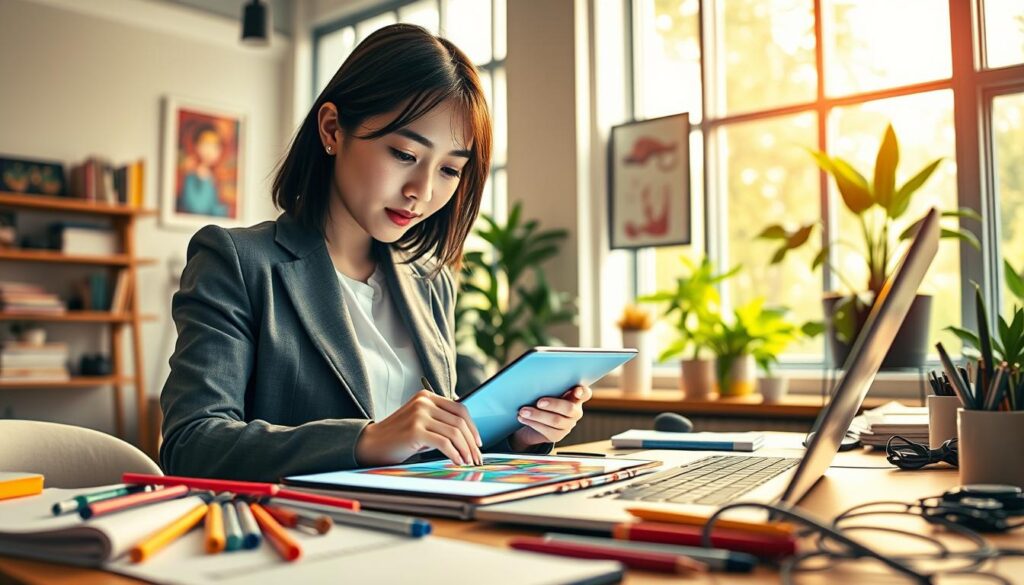 A focused graphic designer working on a vibrant digital tablet in a bright, modern workspace. The foreground features the designer, a young Asian female, wearing stylish business casual attire, engrossed in creating colorful visual designs. The middle layer showcases a cluttered desk with design tools—markers, sketchbooks, and a laptop displaying graphic software. In the background, large windows let in natural light, highlighting creative wall art and greenery. The atmosphere is energetic and inspiring, with warm lighting to convey creativity. Use a slightly angled perspective to capture the designer's concentration and passion for her work, emphasizing her role in creating engaging visuals.