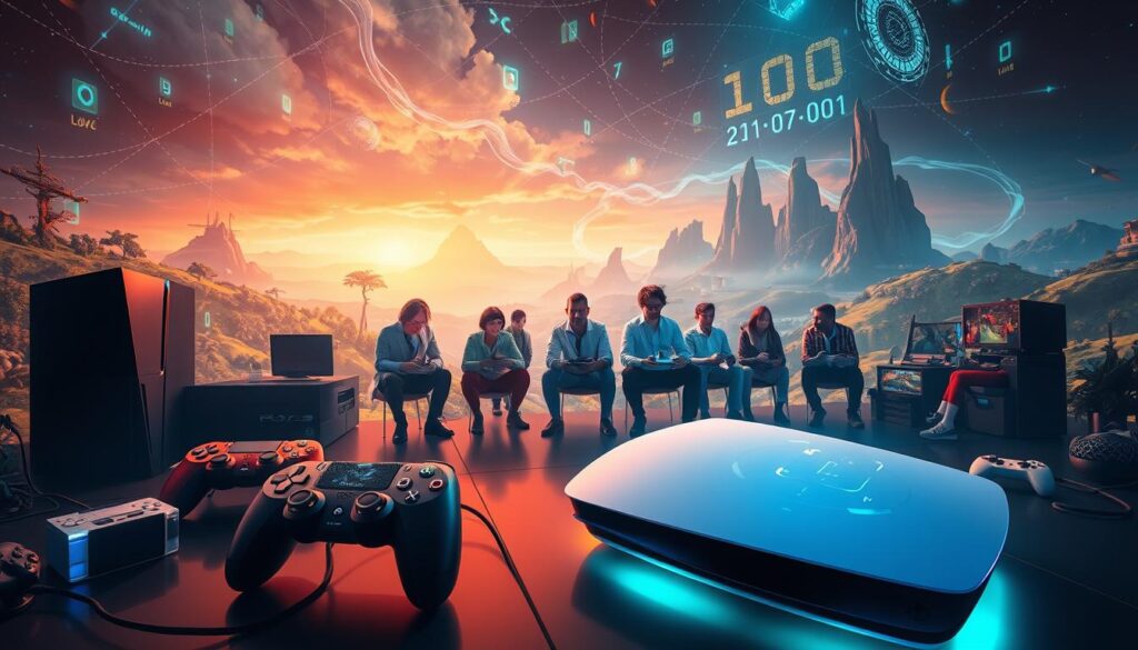 A vibrant ecosystem representing the interconnectedness of gaming platforms, featuring diverse gaming devices like consoles, PCs, and handhelds coexisting harmoniously. In the foreground, a sleek, modern PlayStation 6 console with futuristic design elements, surrounded by several gaming controllers and a glowing screen displaying an engaging game interface. In the middle, multiple players of various ages and backgrounds are engaged in gaming together, showcasing cross-save and cross-platform experiences, all dressed in professional attire. The background features a stylized digital landscape that symbolizes vast compatibility and connectivity, with flowing data streams and binary code subtly incorporated into the scenery. Soft, ambient lighting creates an inviting atmosphere, emphasizing a sense of community and shared experience among gamers. Use a wide-angle lens to capture the entire scene, enhancing depth and dynamism.
